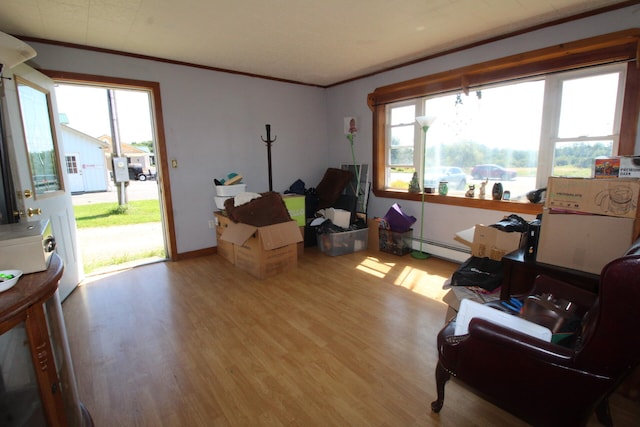 interior space with a baseboard radiator, crown molding, and light hardwood / wood-style flooring