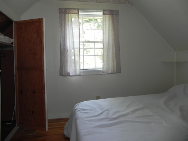 bedroom with multiple windows, vaulted ceiling, and hardwood / wood-style flooring