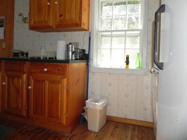 kitchen with sink, plenty of natural light, fridge, and dark hardwood / wood-style flooring