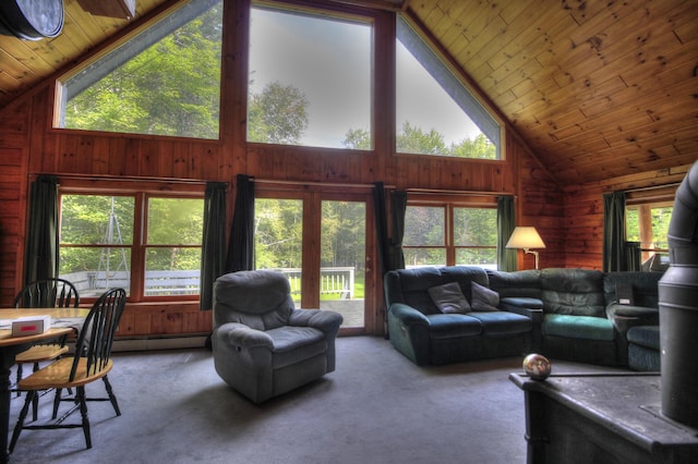 living room with carpet flooring, high vaulted ceiling, wooden walls, and wood ceiling