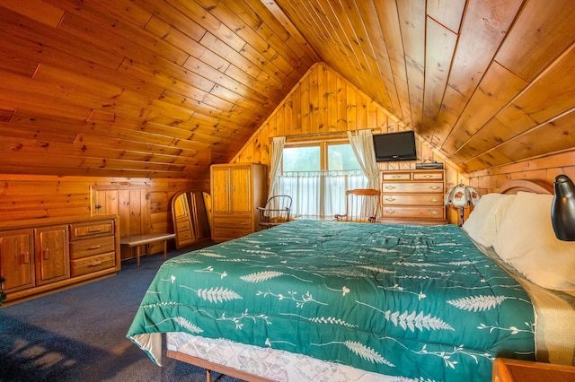 carpeted bedroom with wooden walls, wooden ceiling, and vaulted ceiling