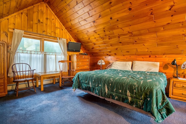 carpeted bedroom featuring lofted ceiling, wood ceiling, baseboard heating, and wooden walls