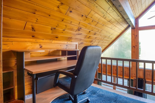 office space with vaulted ceiling, a wealth of natural light, and wooden ceiling