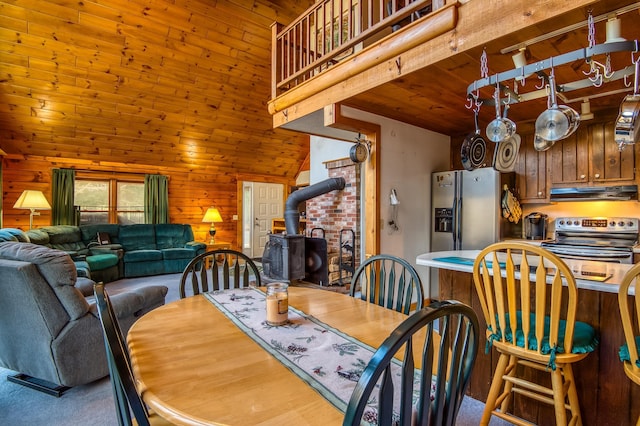 dining area with wooden walls, a wood stove, wood ceiling, and vaulted ceiling