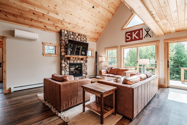 living room with a healthy amount of sunlight, dark hardwood / wood-style flooring, an AC wall unit, and a baseboard heating unit