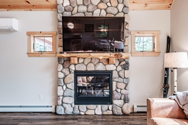 living room with a baseboard radiator, a stone fireplace, wooden ceiling, and a wall unit AC