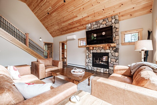 living room featuring wooden ceiling, a baseboard radiator, a wall mounted air conditioner, a stone fireplace, and wood-type flooring