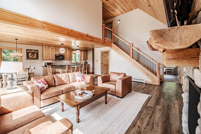 living room with wooden ceiling, dark wood-type flooring, a stone fireplace, a baseboard radiator, and a chandelier