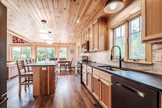 kitchen featuring sink, stainless steel appliances, wooden ceiling, hanging light fixtures, and dark hardwood / wood-style flooring