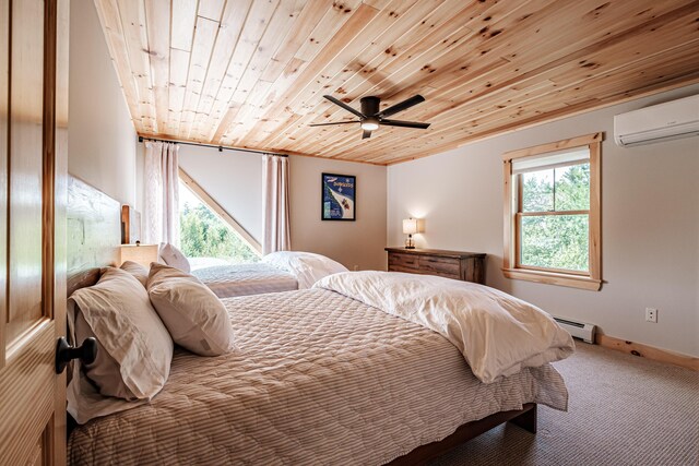 bedroom with carpet flooring, wood ceiling, a wall unit AC, ceiling fan, and a baseboard radiator