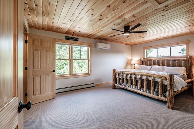 carpeted bedroom with a wall unit AC, ceiling fan, wood ceiling, and a baseboard heating unit