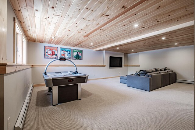 recreation room featuring baseboard heating, light carpet, and wood ceiling