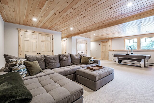 carpeted living room with wooden ceiling and billiards