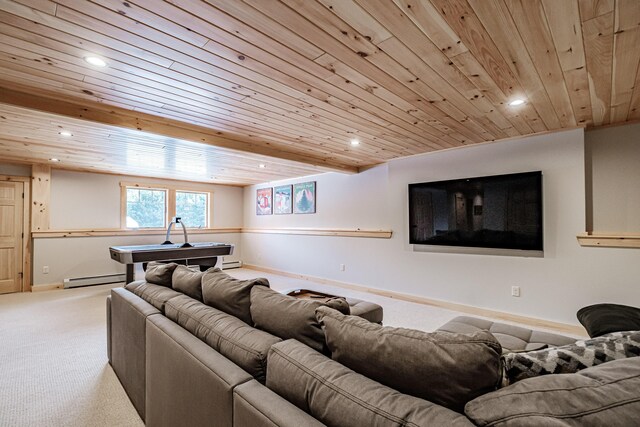 living room with light carpet, wood ceiling, and a baseboard heating unit