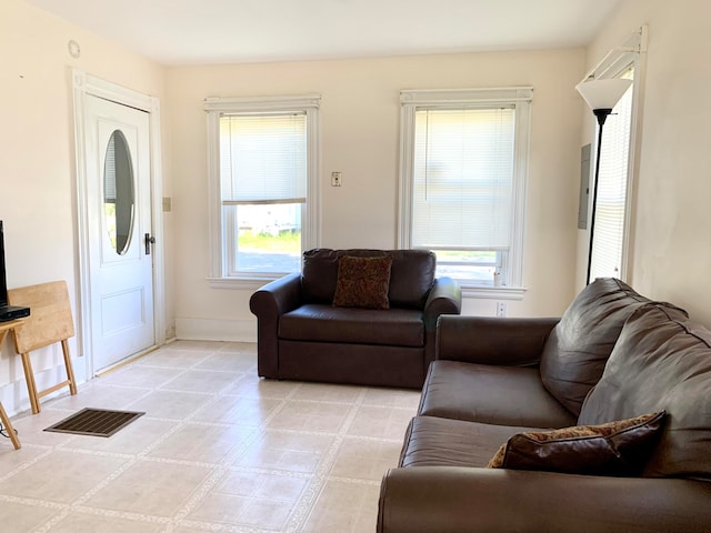 living room featuring light tile patterned flooring