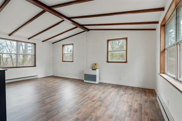 unfurnished living room featuring a baseboard radiator, wood-type flooring, and vaulted ceiling with beams