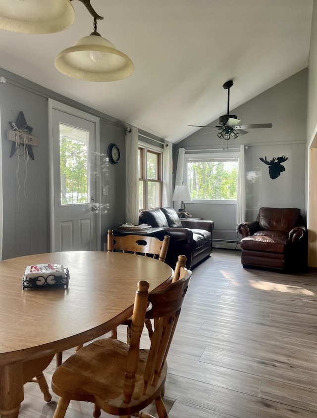 dining room featuring lofted ceiling, light wood-style floors, a baseboard radiator, and ceiling fan