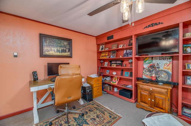 65 Harmony Hills Rd, Readfield, ME 04355 - carpeted office featuring baseboards, crown molding, and ceiling fan