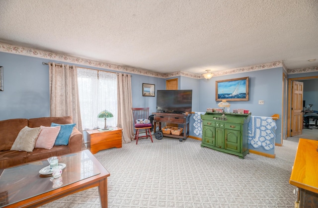 65 Harmony Hills Rd, Readfield, ME 04355 - living room featuring baseboards, light carpet, and a textured ceiling