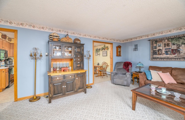 65 Harmony Hills Rd, Readfield, ME 04355 - living area featuring light carpet, a dry bar, a textured ceiling, and baseboards
