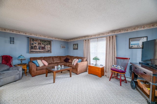 65 Harmony Hills Rd, Readfield, ME 04355 - living room with carpet floors, a textured ceiling, and baseboard heating