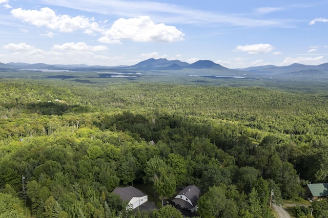 birds eye view of property with a mountain view and a wooded view