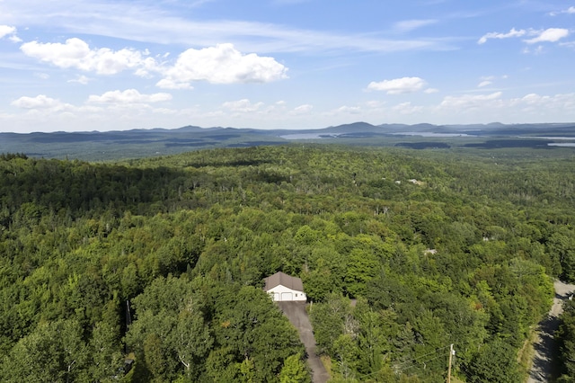 drone / aerial view featuring a mountain view and a view of trees