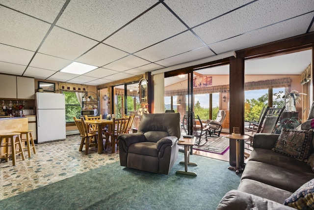 carpeted living room featuring a paneled ceiling