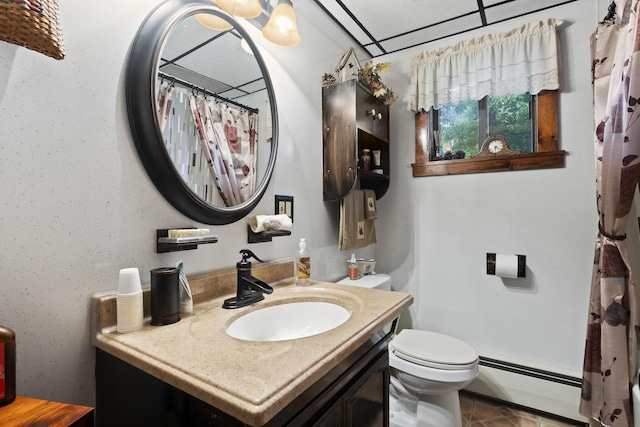 full bathroom featuring baseboard heating, tile patterned flooring, vanity, and toilet