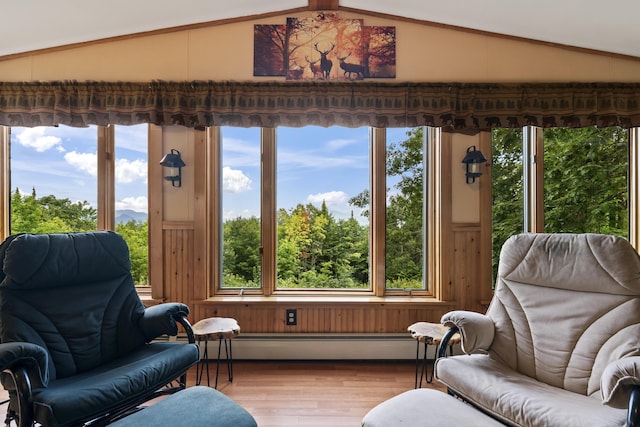 sunroom / solarium featuring baseboard heating, a healthy amount of sunlight, and lofted ceiling