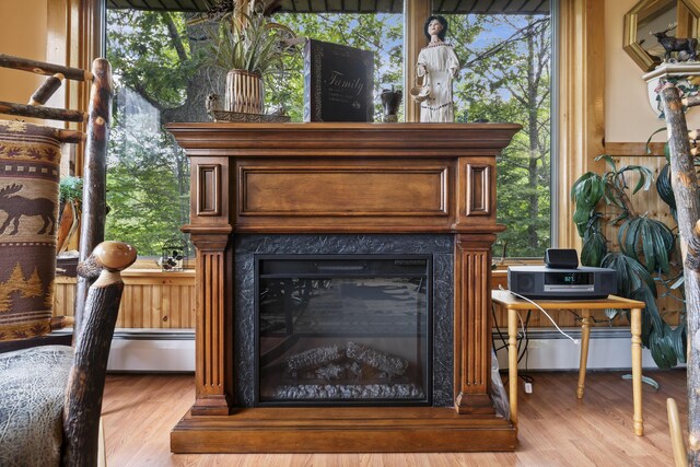 interior details with a fireplace, a baseboard radiator, and hardwood / wood-style flooring