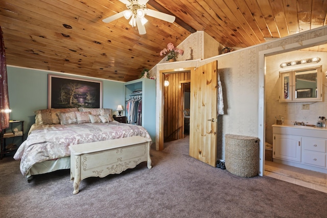 carpeted bedroom with lofted ceiling, wood ceiling, and a ceiling fan