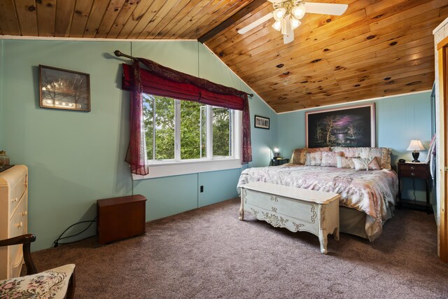 bedroom with carpet, vaulted ceiling, ceiling fan, and wood ceiling