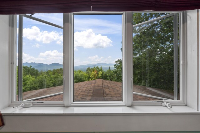 interior space with a mountain view