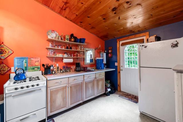 kitchen with lofted ceiling, wood ceiling, and white appliances