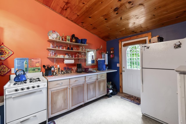 kitchen featuring wooden ceiling, white appliances, vaulted ceiling, light countertops, and open shelves