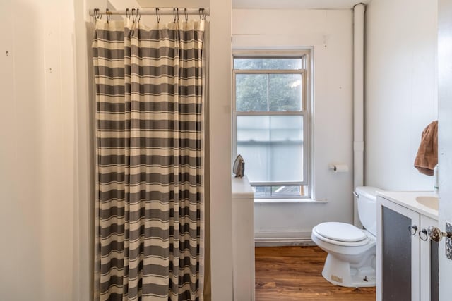 bathroom with toilet, hardwood / wood-style floors, vanity, and curtained shower