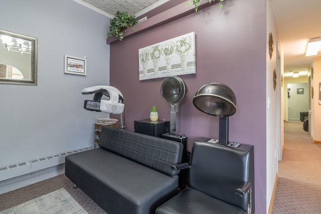 exercise area featuring carpet flooring and a baseboard heating unit