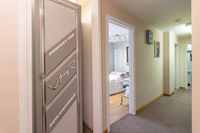 corridor featuring carpet flooring and rail lighting