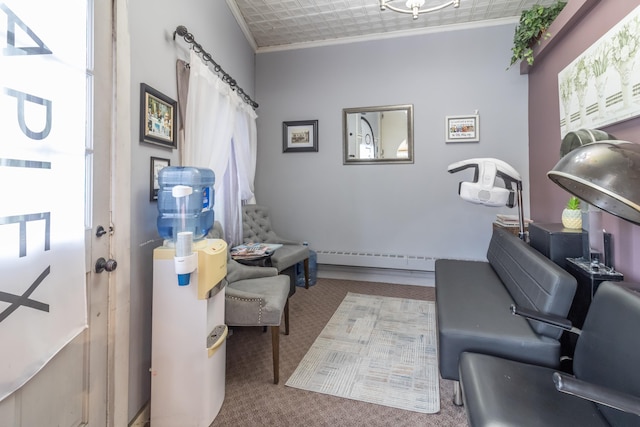 carpeted office space with crown molding