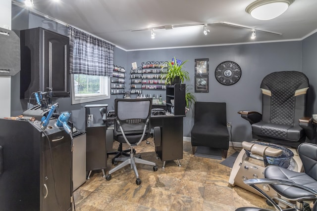 tiled office space with rail lighting and ornamental molding