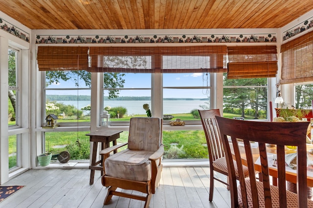 sunroom / solarium with a water view and wood ceiling