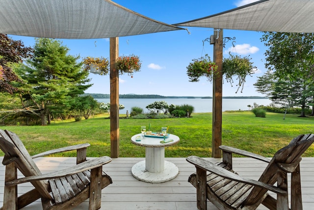 wooden deck with a yard and a water view