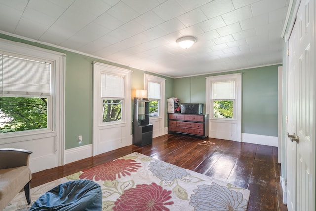 bedroom featuring dark wood-type flooring, a closet, and crown molding