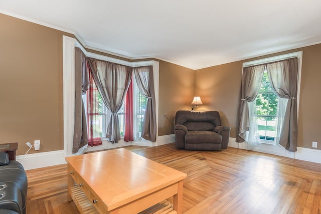 living room with parquet floors and crown molding