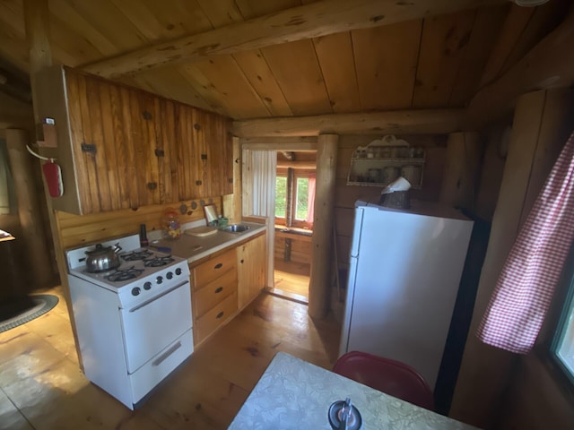 LOT14 Rowe Pond Rd, Pleasant Ridge Plt, ME 04920 - kitchen with white appliances, wooden ceiling, light wood finished floors, a sink, and beamed ceiling