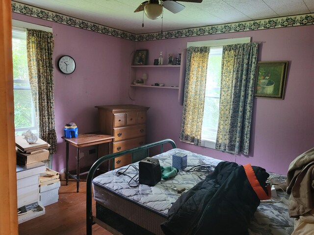 bedroom with hardwood / wood-style flooring and ceiling fan