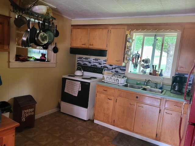 kitchen featuring decorative backsplash, exhaust hood, sink, white range with electric cooktop, and crown molding