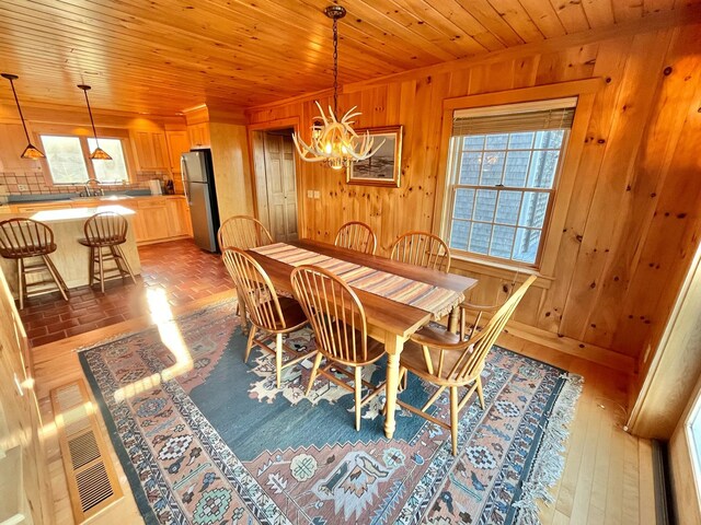 dining room featuring hardwood / wood-style floors, wood walls, a chandelier, and wooden ceiling