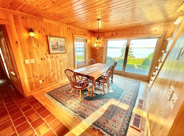 dining area with a chandelier, wooden walls, and wooden ceiling